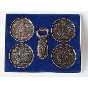 Vintage 1976 Canadian Winter Games Olympic Coaster Bottle Opener Set Souvenir